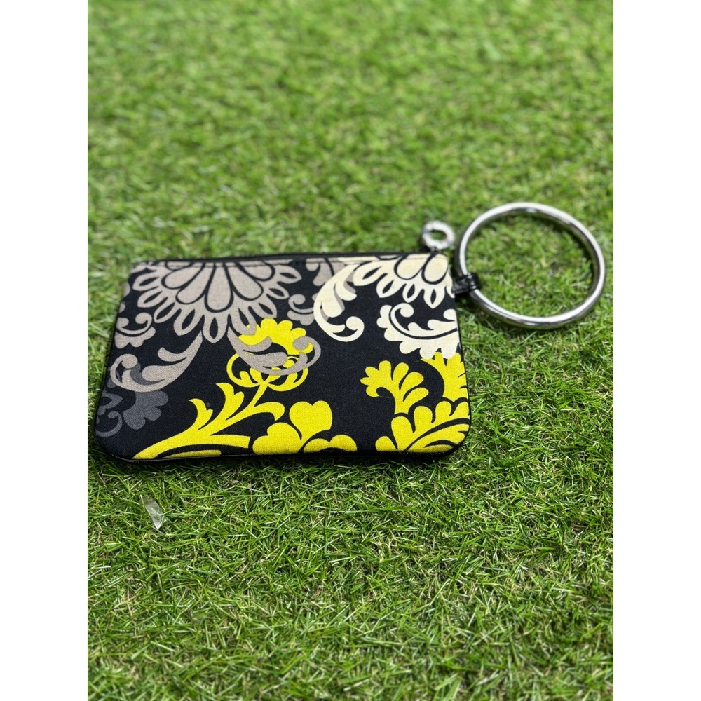 Womens Black Floral Print Wristlet Pouch with Ring Handle and Yellow Accents
